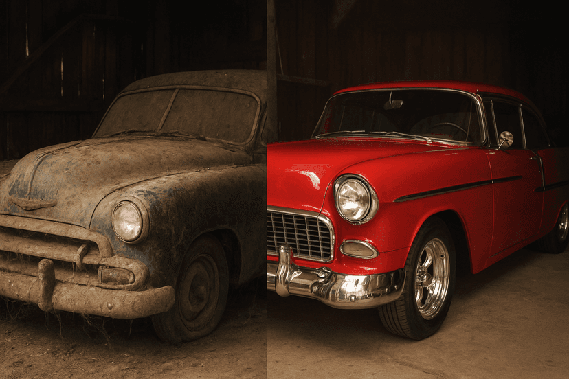 Contrast of an abandoned vintage car and a modern luxury vehicle, symbolizing automotive nostalgia and progress."