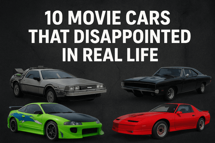 A digital collage of iconic movie cars, including the DeLorean from Back to the Future, Pontiac Firebird Trans Am from Knight Rider, and other cinematic classics, highlighting their on-screen appeal versus real-life performance.