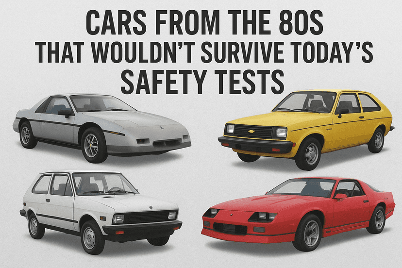 Collage of 1980s cars that wouldn’t pass today’s modern safety standards.