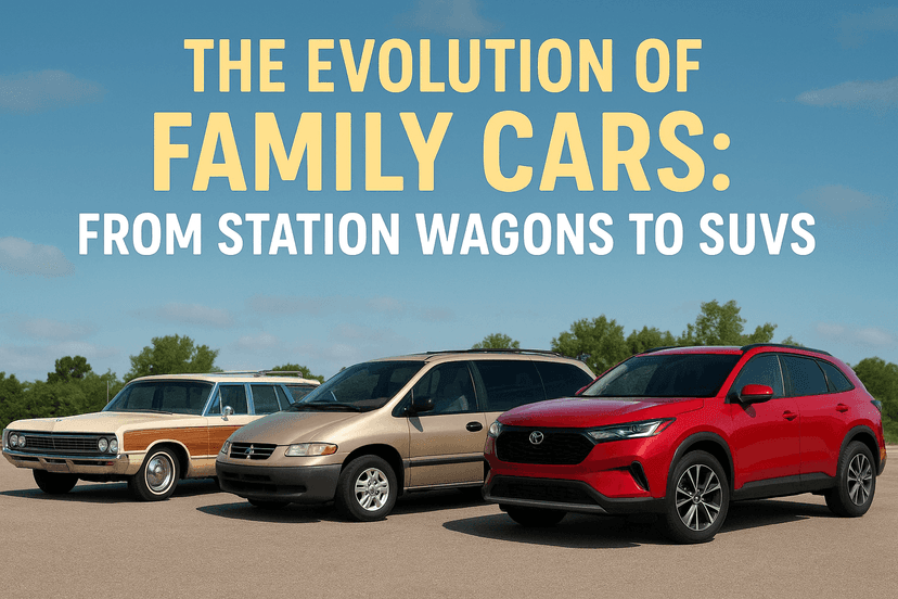 A classic station wagon, a 1990s minivan, and a modern red SUV parked side by side, showing the evolution of family cars.