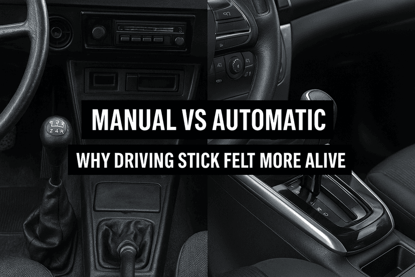 Manual vs automatic car interiors showing stick shift and modern gear selector