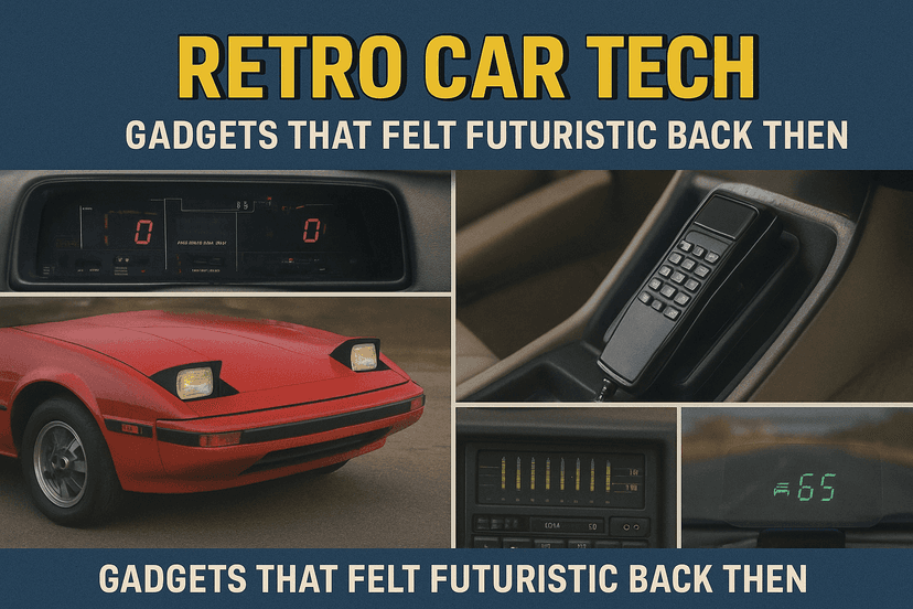 Collage of retro car gadgets like car phones, digital dashboards, and CD players.