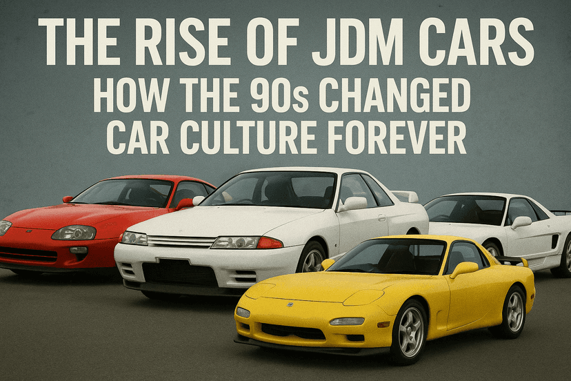 Collage of iconic 90s JDM cars including Toyota Supra, Nissan Skyline, and Mazda RX-7