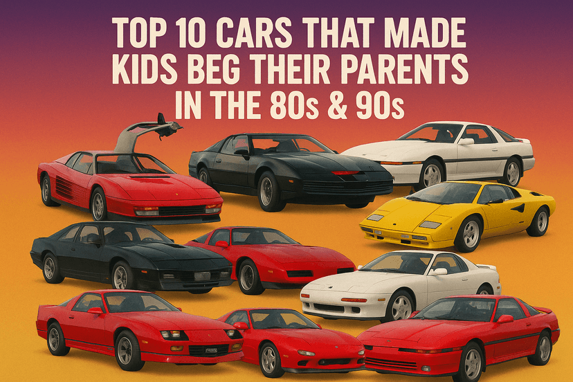 Collage of iconic 80s and 90s cars that kids dreamed of owning